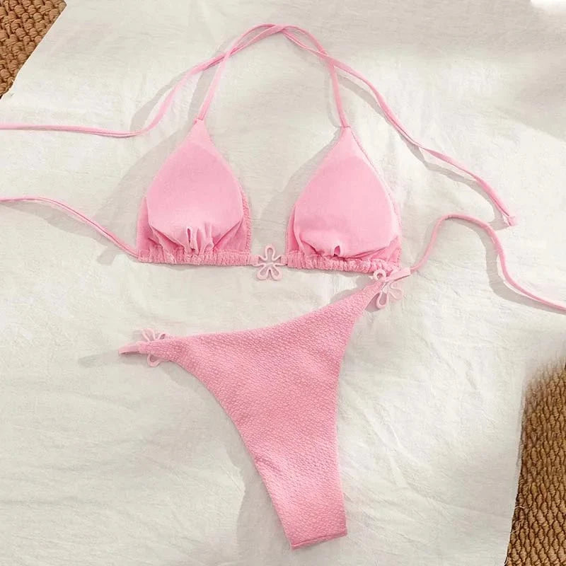 Same-day Shipping Custom Sexy Solid Flower Special Fabric Push up Wrinkle Triangle Two Piece Bikini Women Halter Belt Swimwear