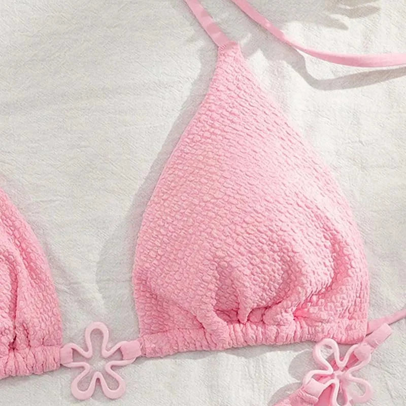 Same-day Shipping Custom Sexy Solid Flower Special Fabric Push up Wrinkle Triangle Two Piece Bikini Women Halter Belt Swimwear