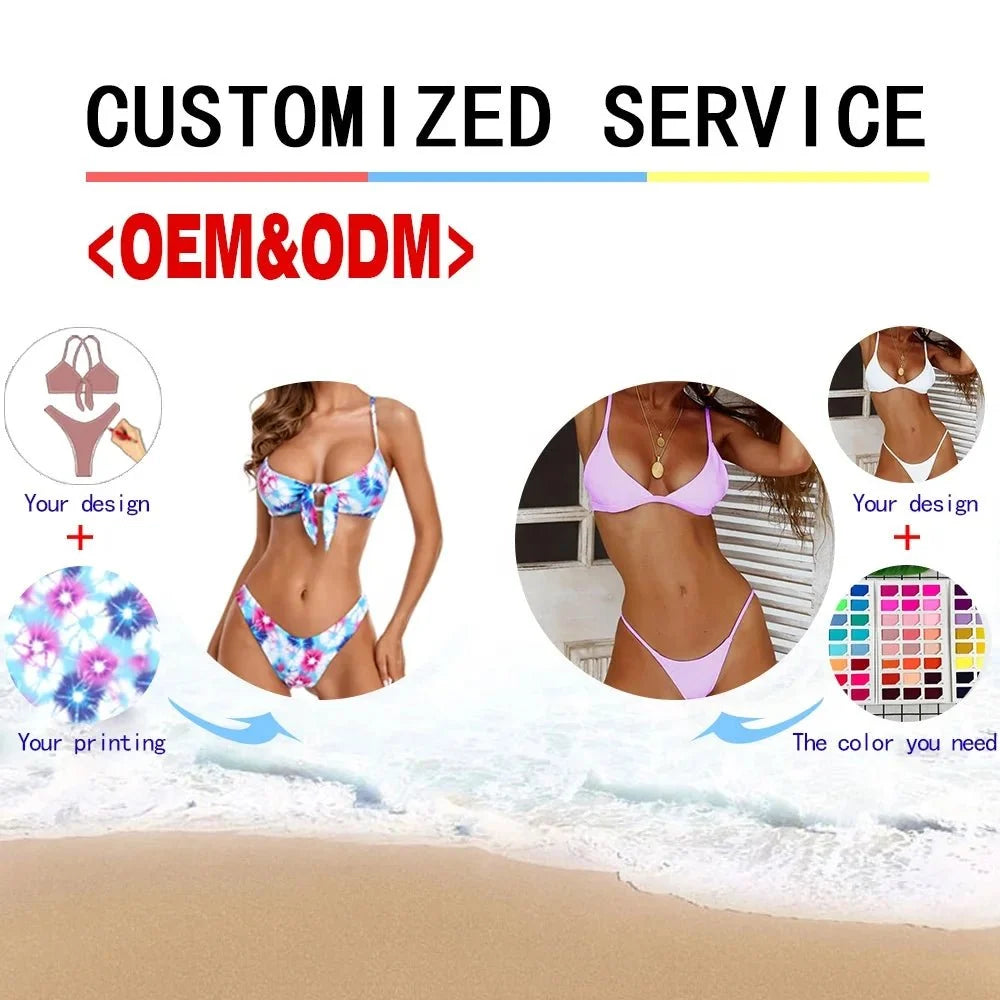 Same-day Shipping Custom Sexy Solid Flower Special Fabric Push up Wrinkle Triangle Two Piece Bikini Women Halter Belt Swimwear
