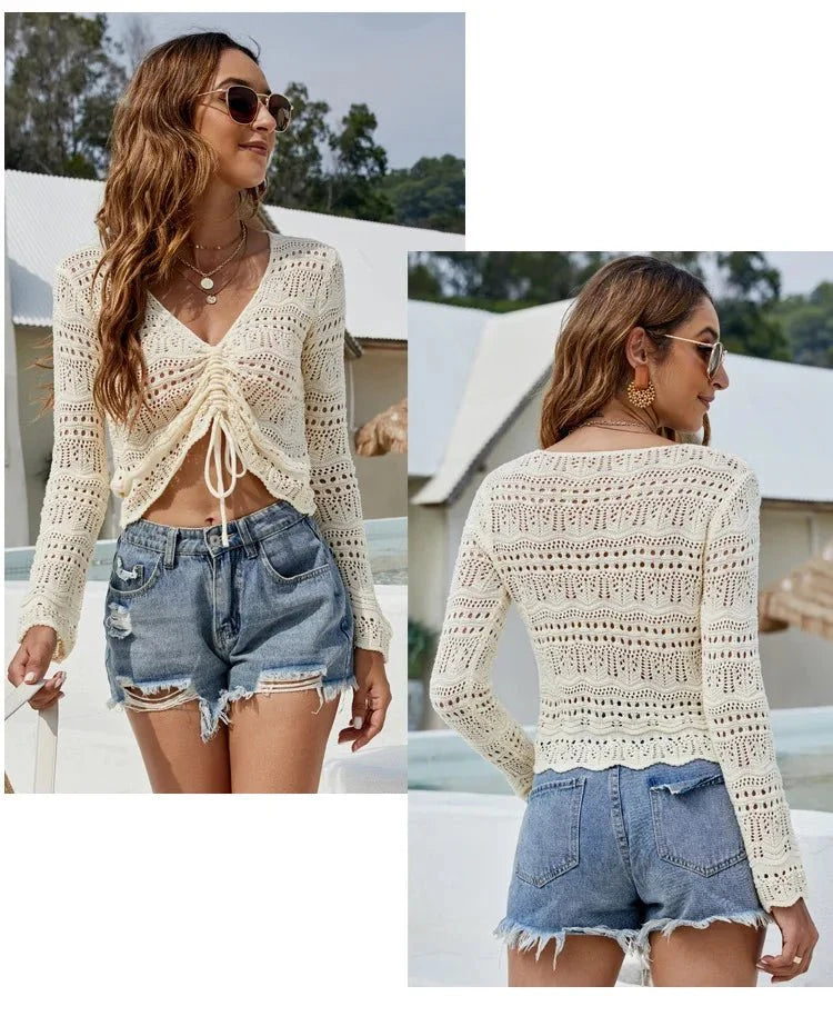 Sexy Women's Long Sleeve Hollow Cutout Knit Blouse V-Neck Drawstring Beach Sunscreen Short Pullover Thin Casual Sweater