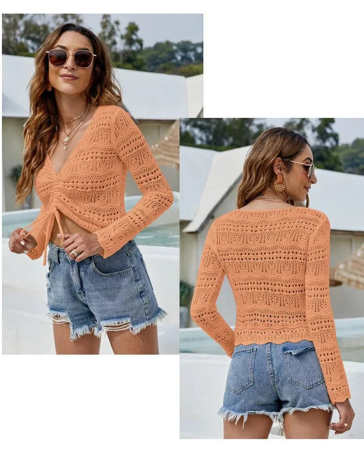 Sexy Women's Long Sleeve Hollow Cutout Knit Blouse V-Neck Drawstring Beach Sunscreen Short Pullover Thin Casual Sweater