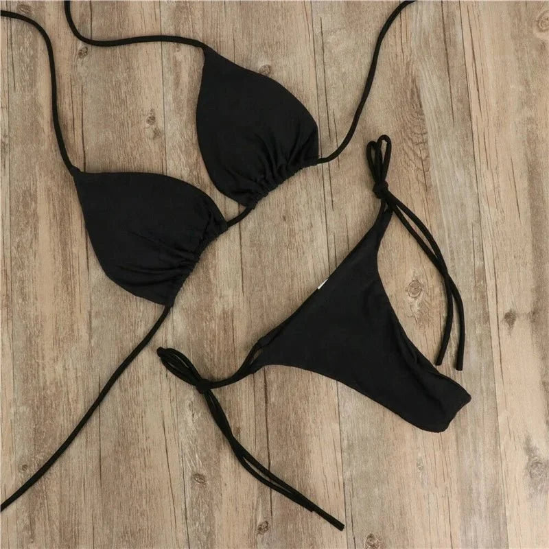 Summer Sexy Solid Mirco Bikini Set Women Tie Side G-String Thong Swimsuit Female Bandage Bathing Suit Brazilian Swimwear Biquini