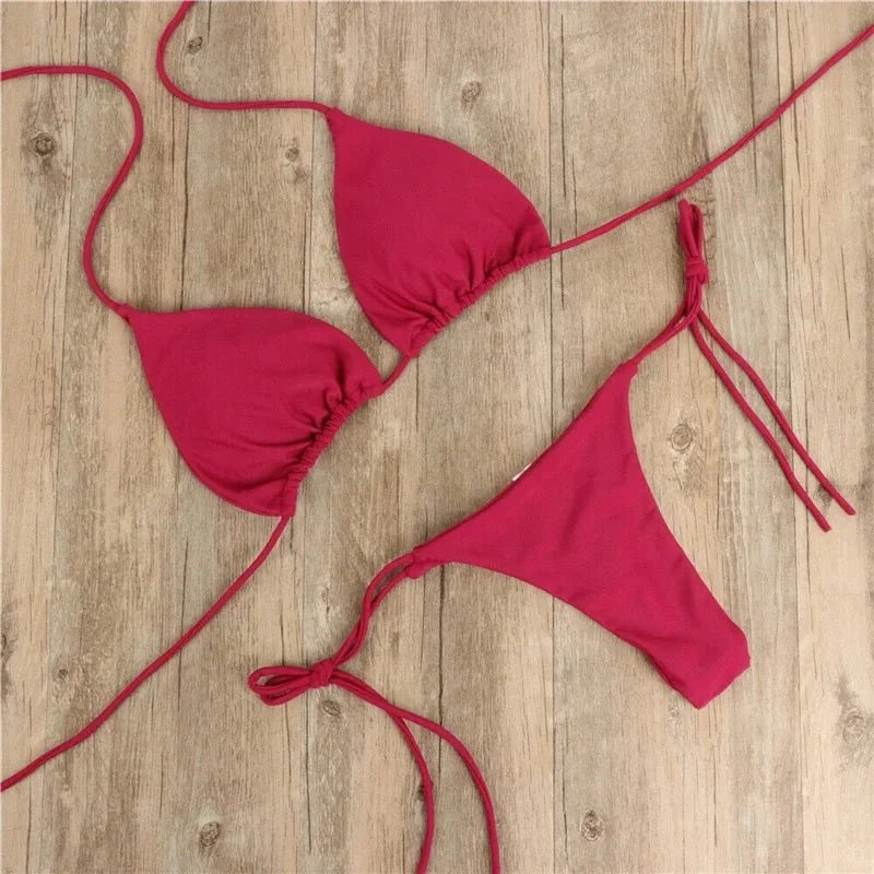 Summer Sexy Solid Mirco Bikini Set Women Tie Side G-String Thong Swimsuit Female Bandage Bathing Suit Brazilian Swimwear Biquini