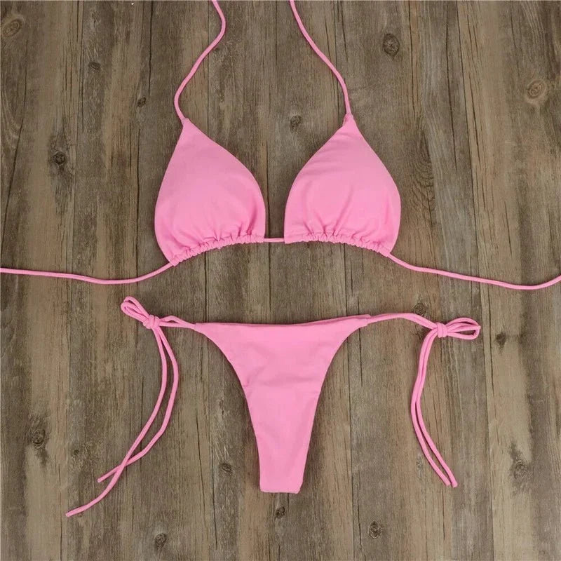 Summer Sexy Solid Mirco Bikini Set Women Tie Side G-String Thong Swimsuit Female Bandage Bathing Suit Brazilian Swimwear Biquini