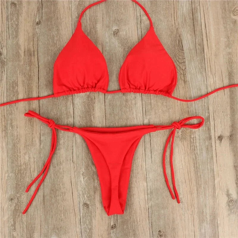 Summer Sexy Solid Mirco Bikini Set Women Tie Side G-String Thong Swimsuit Female Bandage Bathing Suit Brazilian Swimwear Biquini