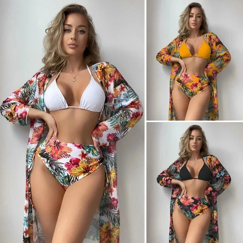 XCTM-MY2218 Hot Sale Three Piece Bikini Swimwear Ladies Fashion Cover up Beachwear Women's Sexy Floral Printed Swimwear
