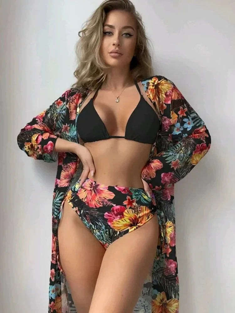 XCTM-MY2218 Hot Sale Three Piece Bikini Swimwear Ladies Fashion Cover up Beachwear Women's Sexy Floral Printed Swimwear