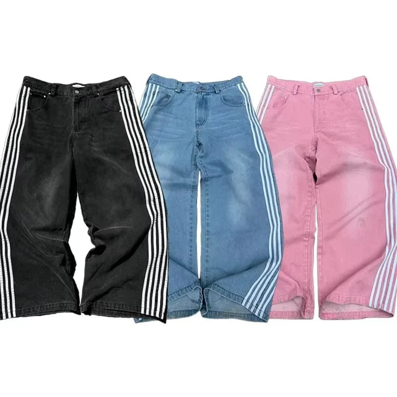 Y2K Baggy Jeans High Quality Embroidered Striped Harajuku Sweatpants Men Women Hip Hop Streetwear Casual Mopping Wide Leg Denim