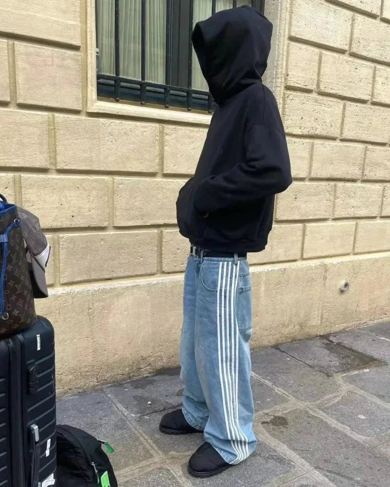Y2K Baggy Jeans High Quality Embroidered Striped Harajuku Sweatpants Men Women Hip Hop Streetwear Casual Mopping Wide Leg Denim