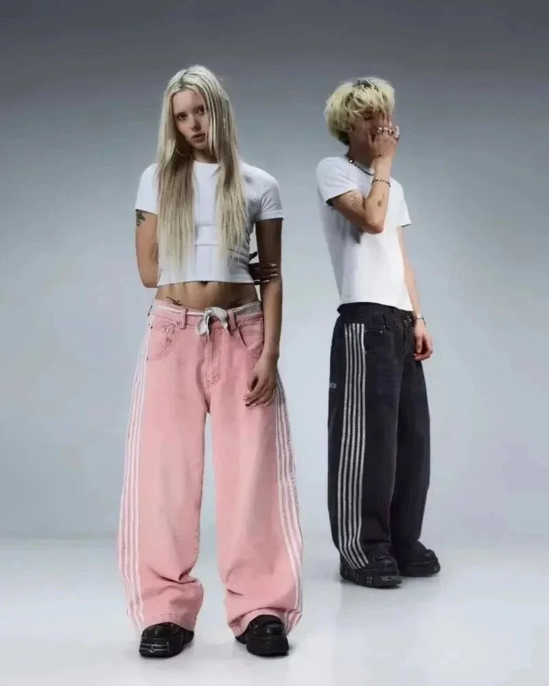 Y2K Baggy Jeans High Quality Embroidered Striped Harajuku Sweatpants Men Women Hip Hop Streetwear Casual Mopping Wide Leg Denim