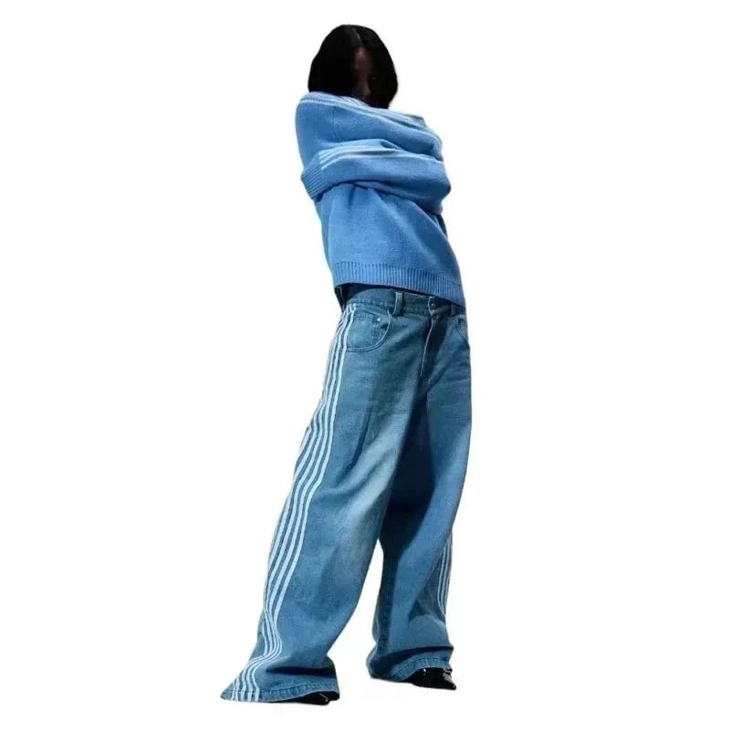 Y2K Baggy Jeans High Quality Embroidered Striped Harajuku Sweatpants Men Women Hip Hop Streetwear Casual Mopping Wide Leg Denim