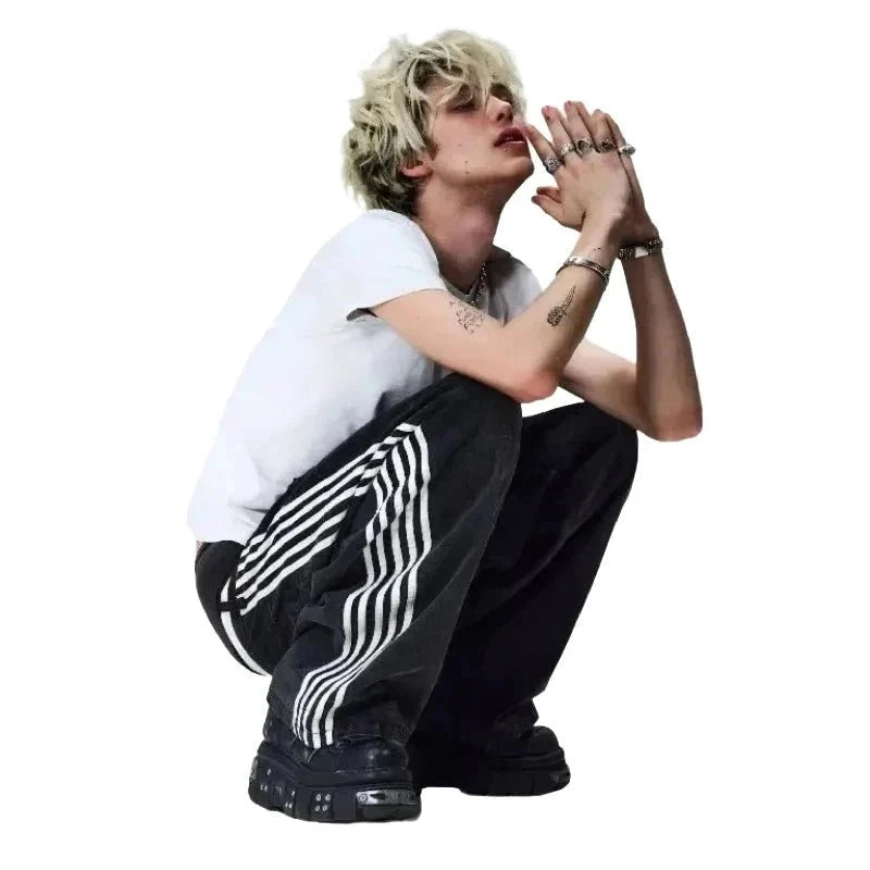 Y2K Baggy Jeans High Quality Embroidered Striped Harajuku Sweatpants Men Women Hip Hop Streetwear Casual Mopping Wide Leg Denim