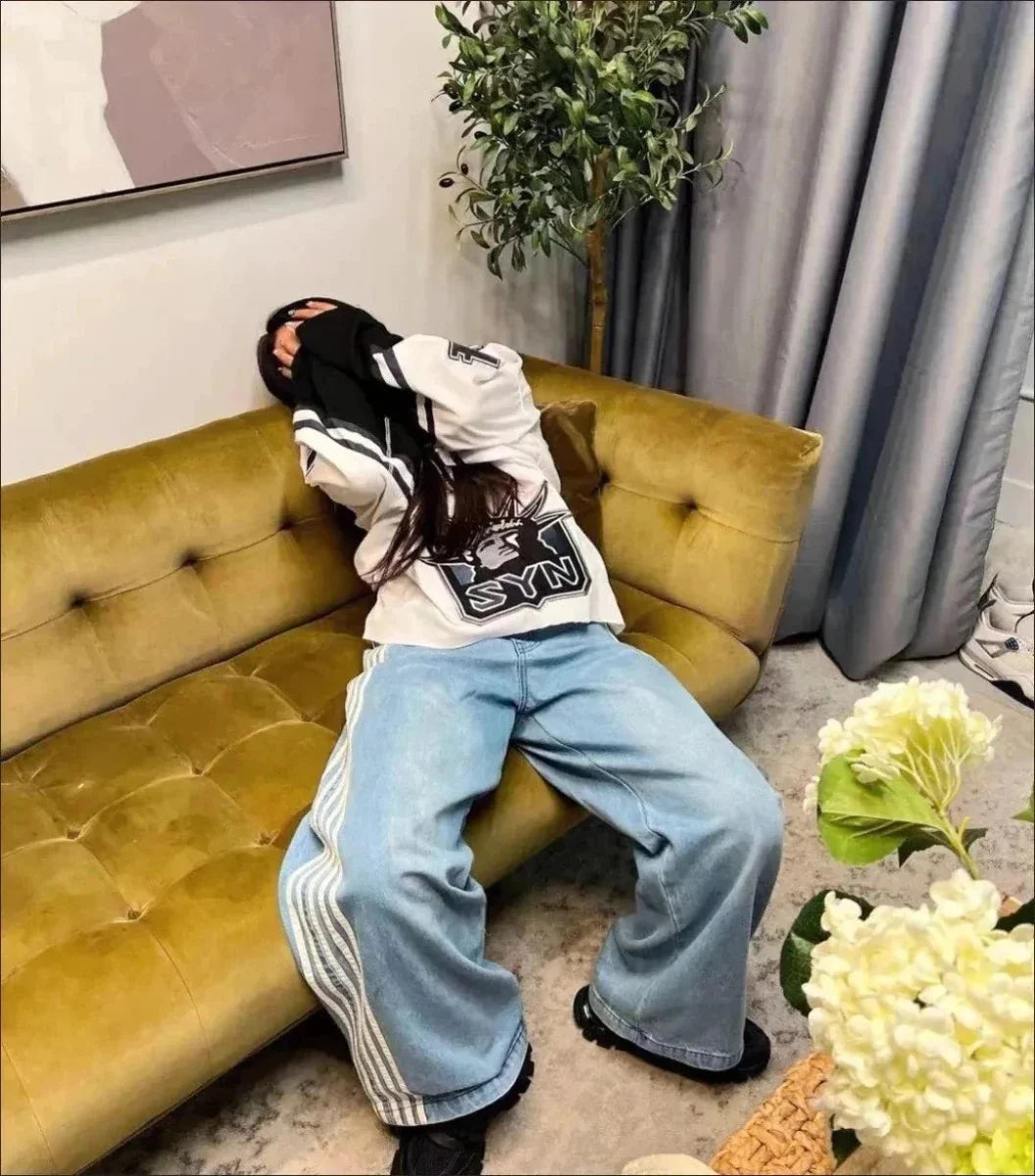 Y2K Baggy Jeans High Quality Embroidered Striped Harajuku Sweatpants Men Women Hip Hop Streetwear Casual Mopping Wide Leg Denim