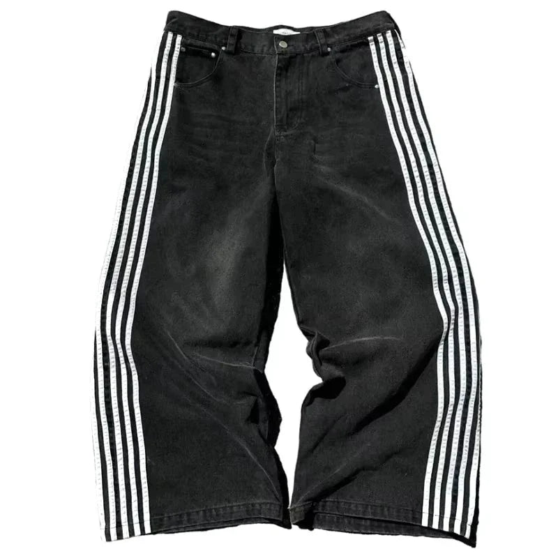 Y2K Baggy Jeans High Quality Embroidered Striped Harajuku Sweatpants Men Women Hip Hop Streetwear Casual Mopping Wide Leg Denim