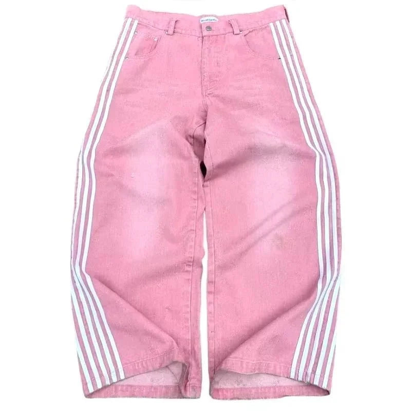 Y2K Baggy Jeans High Quality Embroidered Striped Harajuku Sweatpants Men Women Hip Hop Streetwear Casual Mopping Wide Leg Denim