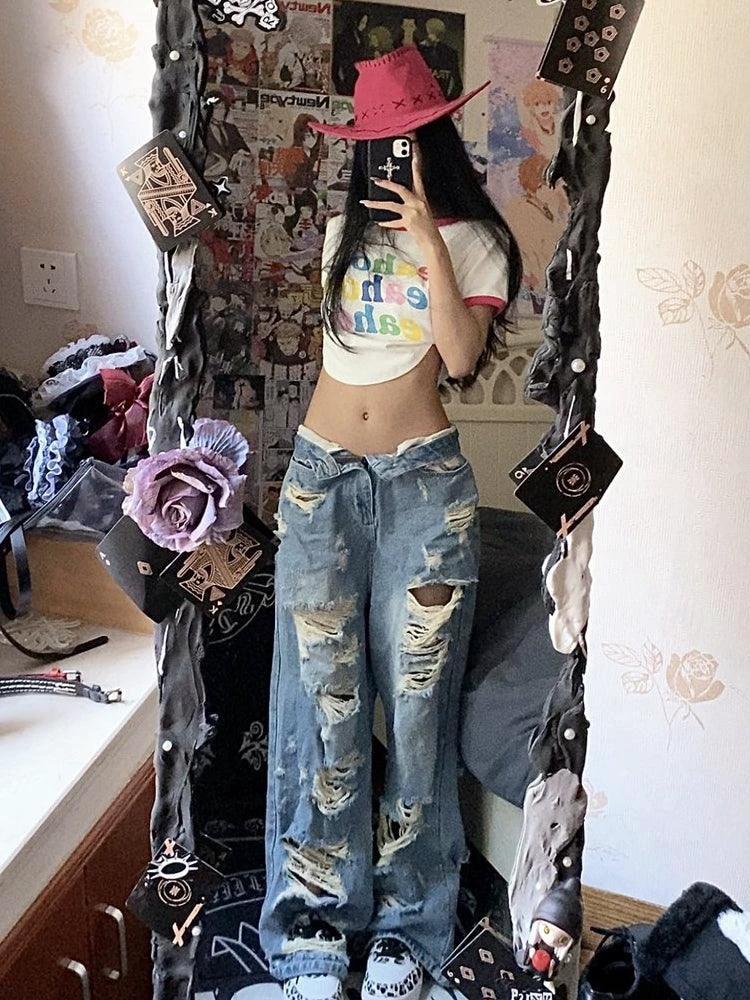 Plus Size American High Street Wide Leg Ripped Denim Women's Summer Retro High Waist Straight-leg Loose Mop Pants Pants