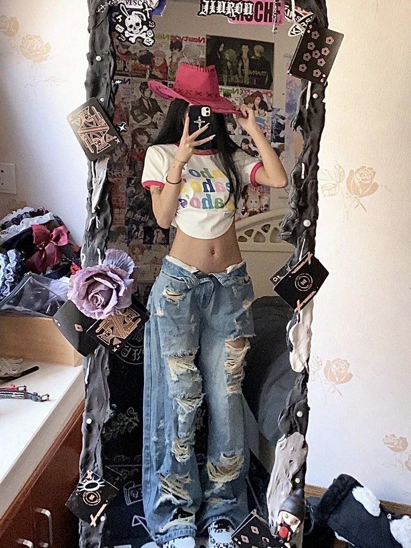 Plus Size American High Street Wide Leg Ripped Denim Women's Summer Retro High Waist Straight-leg Loose Mop Pants Pants