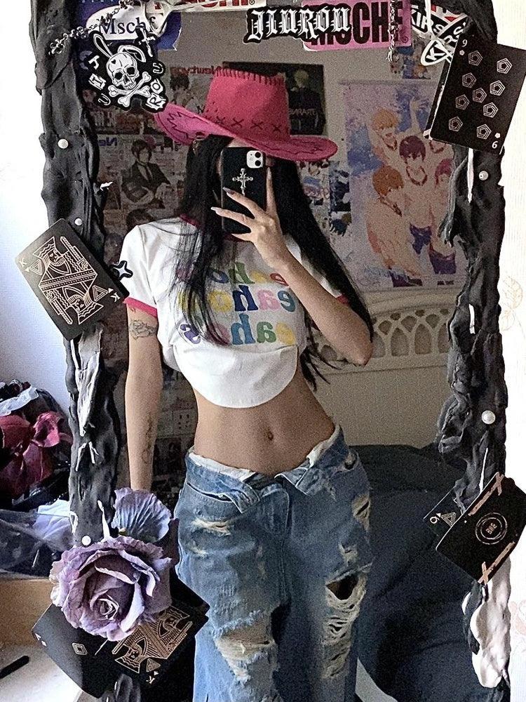 Plus Size American High Street Wide Leg Ripped Denim Women's Summer Retro High Waist Straight-leg Loose Mop Pants Pants