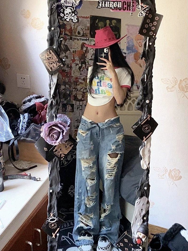 Plus Size American High Street Wide Leg Ripped Denim Women's Summer Retro High Waist Straight-leg Loose Mop Pants Pants