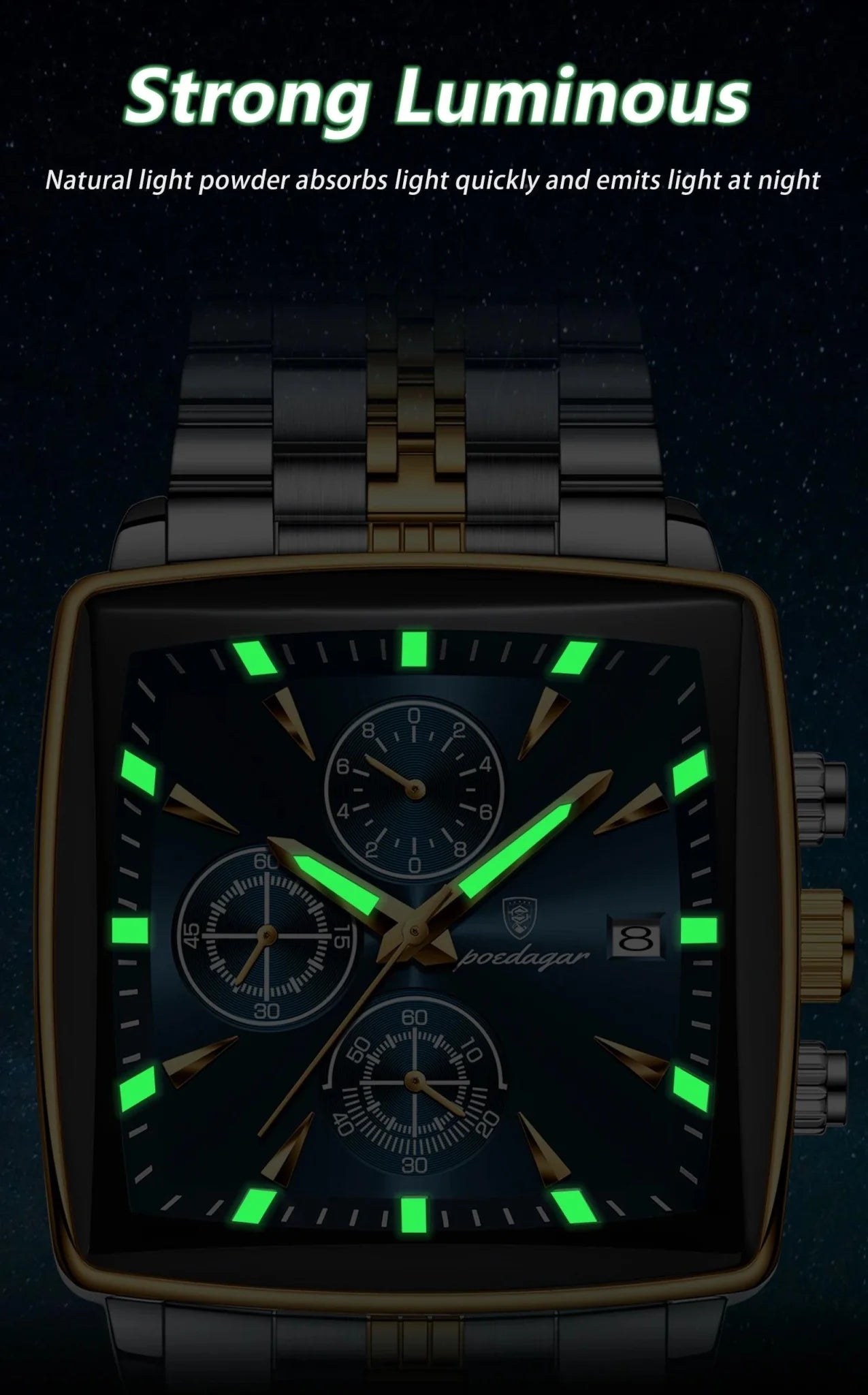 POEDAGAR Men's Square Chronograph Watch - Luminous Waterproof Stainless Steel Quartz Wristwatch