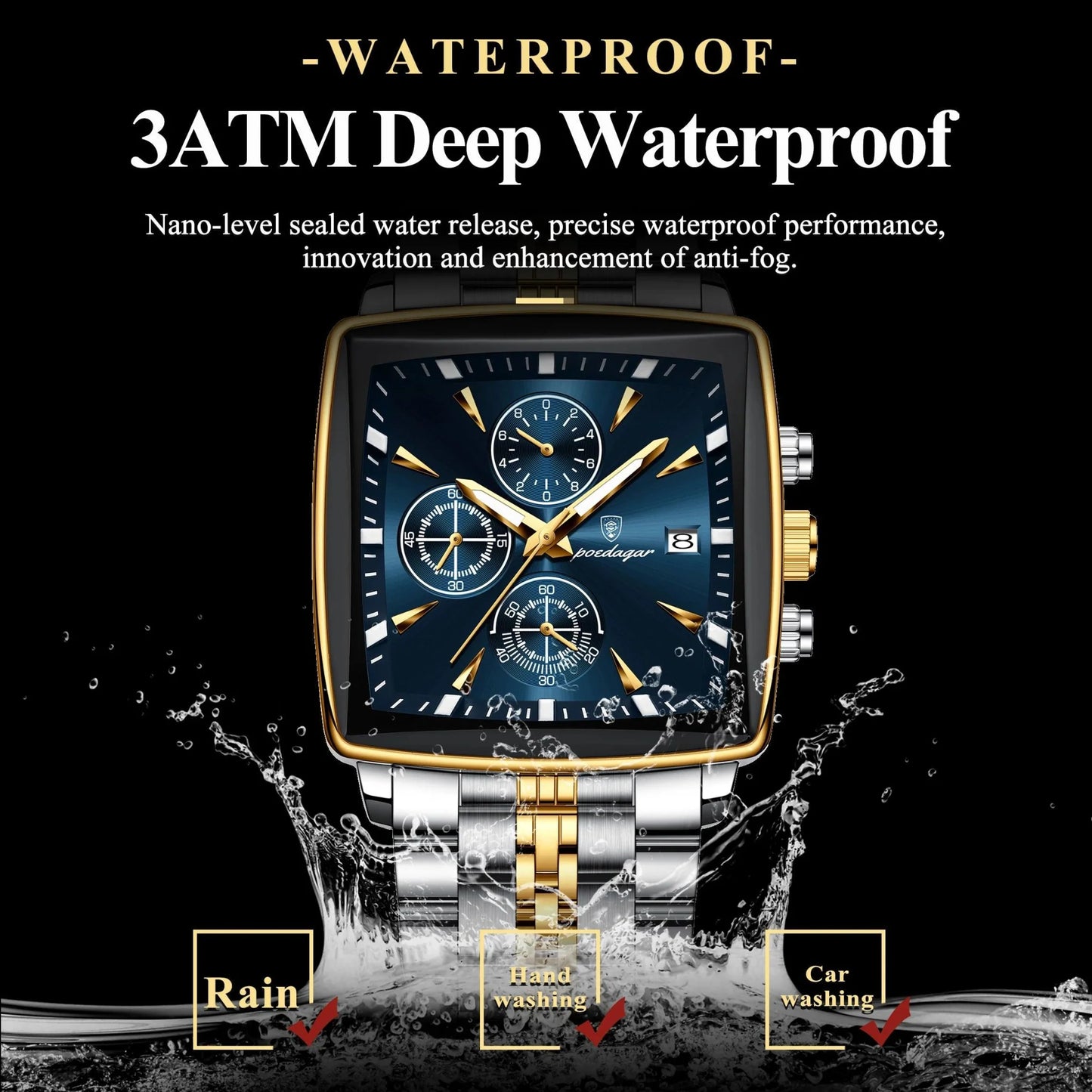 POEDAGAR Men's Square Chronograph Watch - Luminous Waterproof Stainless Steel Quartz Wristwatch
