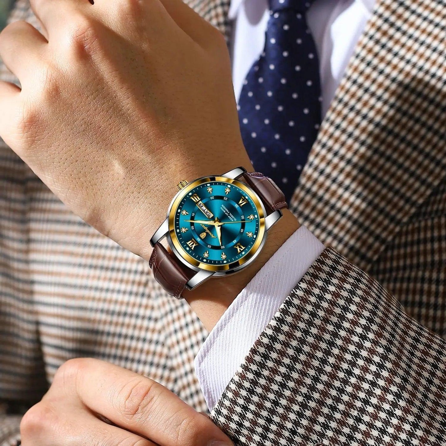 POEDAGAR Luxury Men's Quartz Watch - Waterproof, Luminous, Date Display, High-Quality Leather Strap, Sporty Design