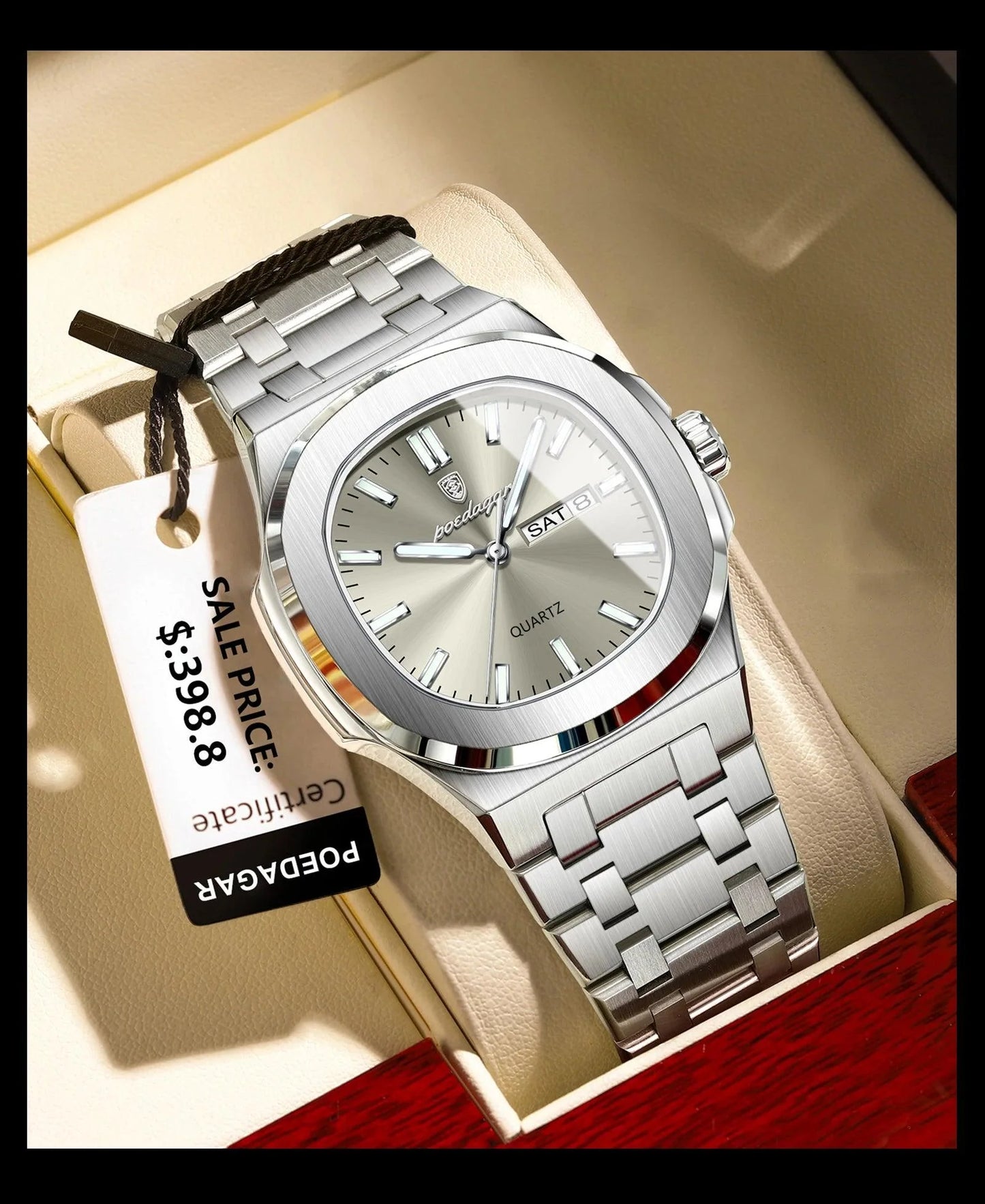 POEDAGAR Military Square Watch for Men - Waterproof, Luminous, Date & Week Display, Stainless Steel Quartz