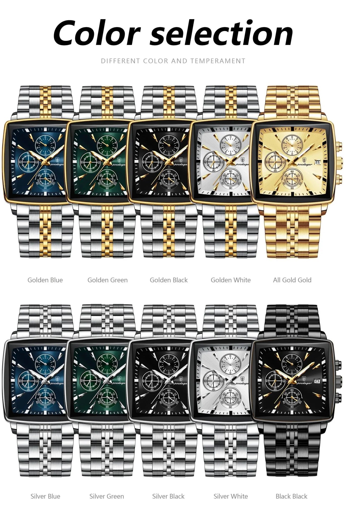 POEDAGAR Luxury Chronograph Men's Watch - Waterproof, Luminous, Stainless Steel, Sporty Design