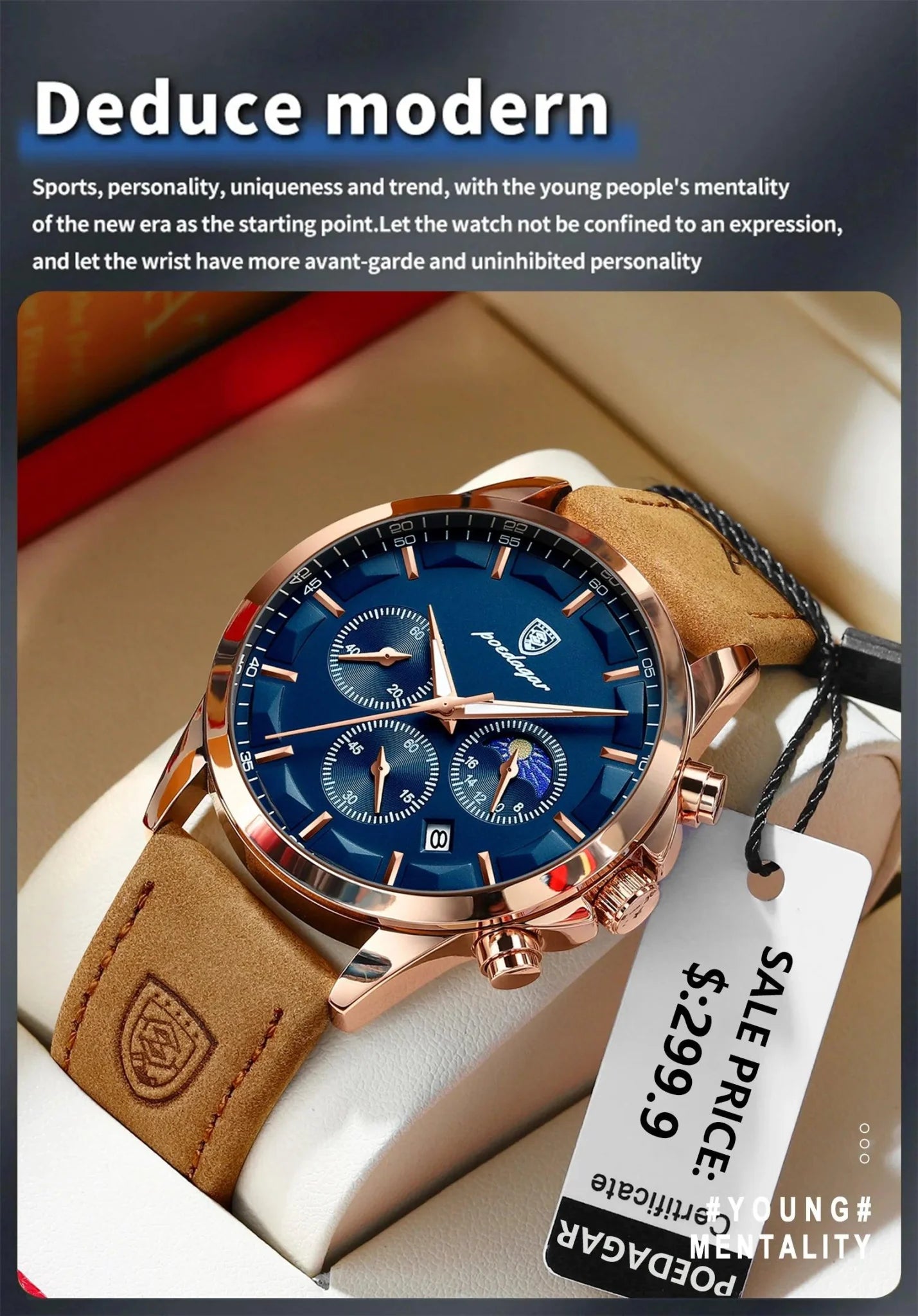 POEDAGAR Luxury Men's Chronograph Watch - Waterproof, Luminous, Leather Strap