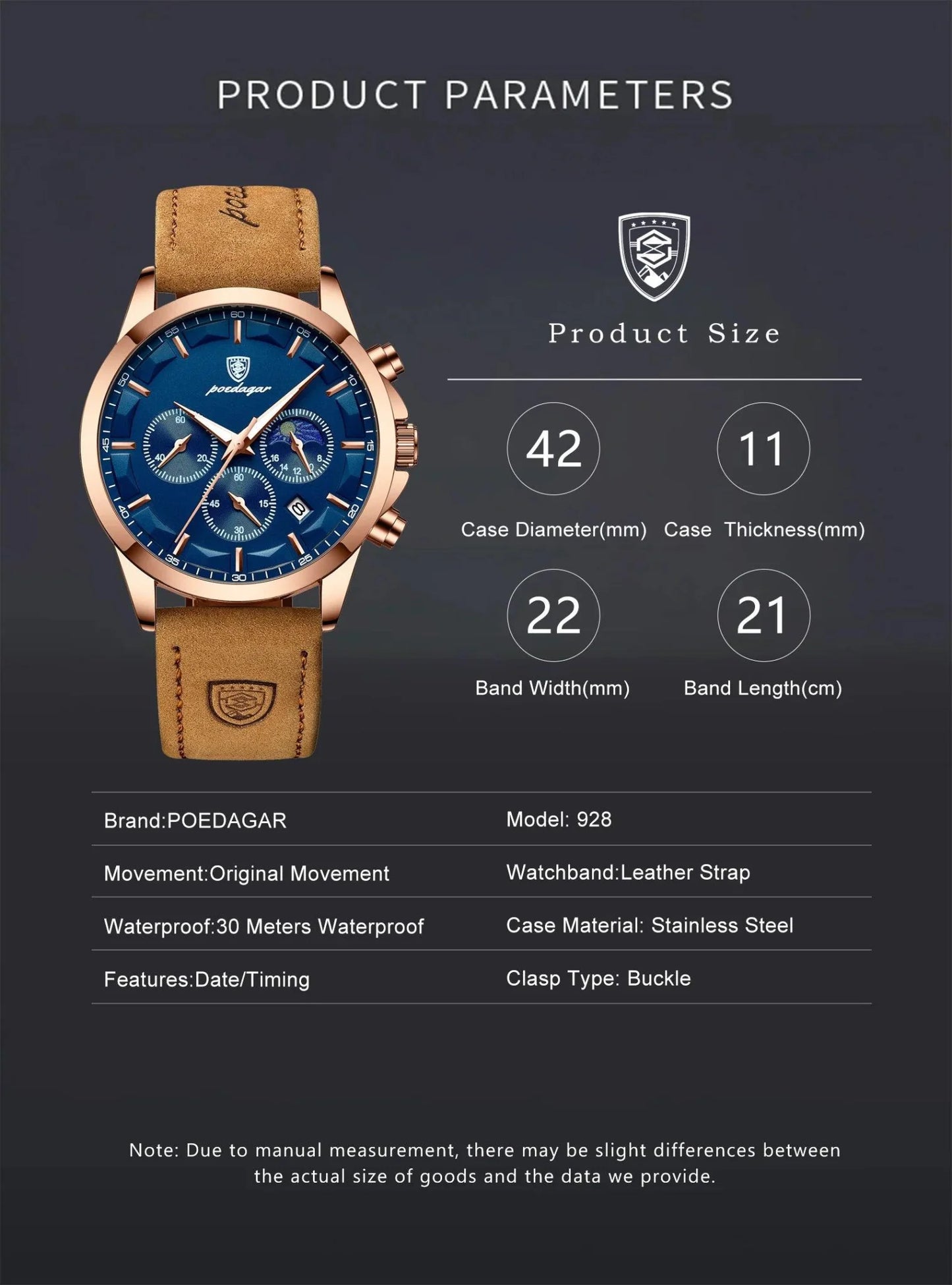 POEDAGAR Luxury Men's Chronograph Watch - Waterproof, Luminous, Leather Strap