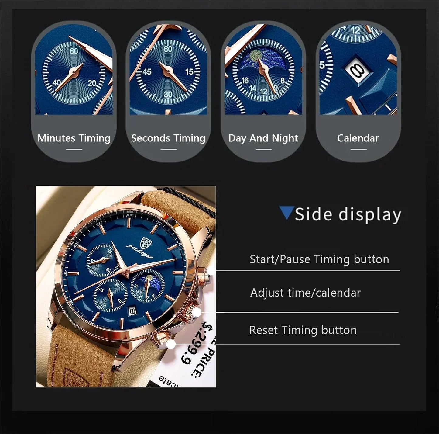 POEDAGAR Luxury Men's Chronograph Watch - Waterproof, Luminous, Leather Strap