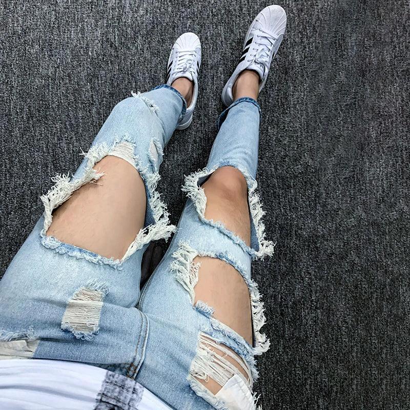 Summer Big Ripped Oversized Jeans Men's Cropped Jeans Men's Trendy K-style Beggar Scrape Cropped Ripped Pants