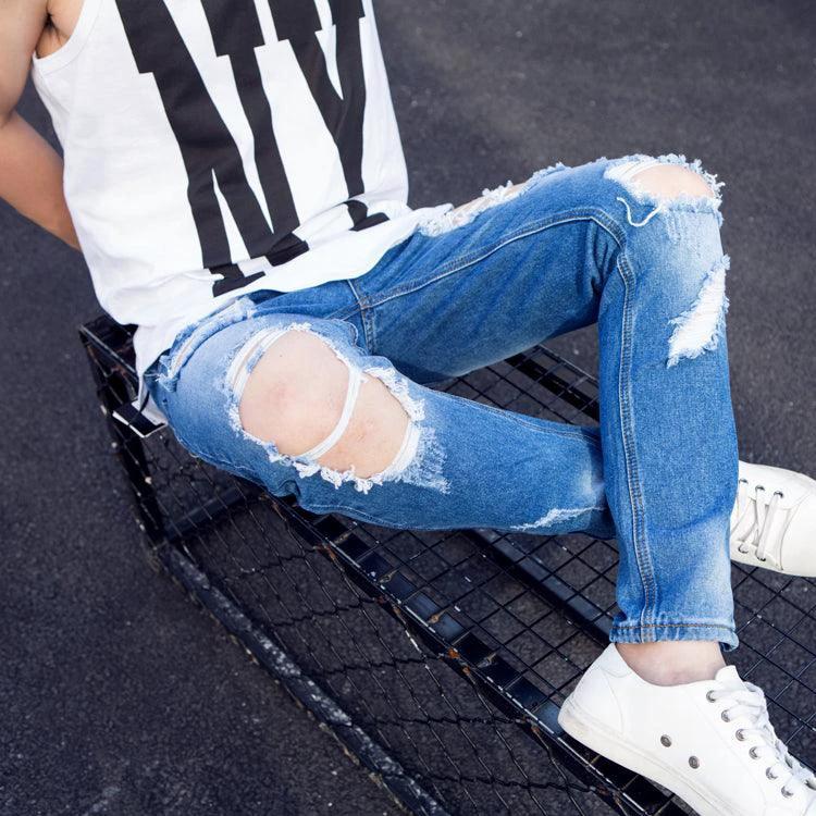 Summer Big Ripped Oversized Jeans Men's Cropped Jeans Men's Trendy K-style Beggar Scrape Cropped Ripped Pants