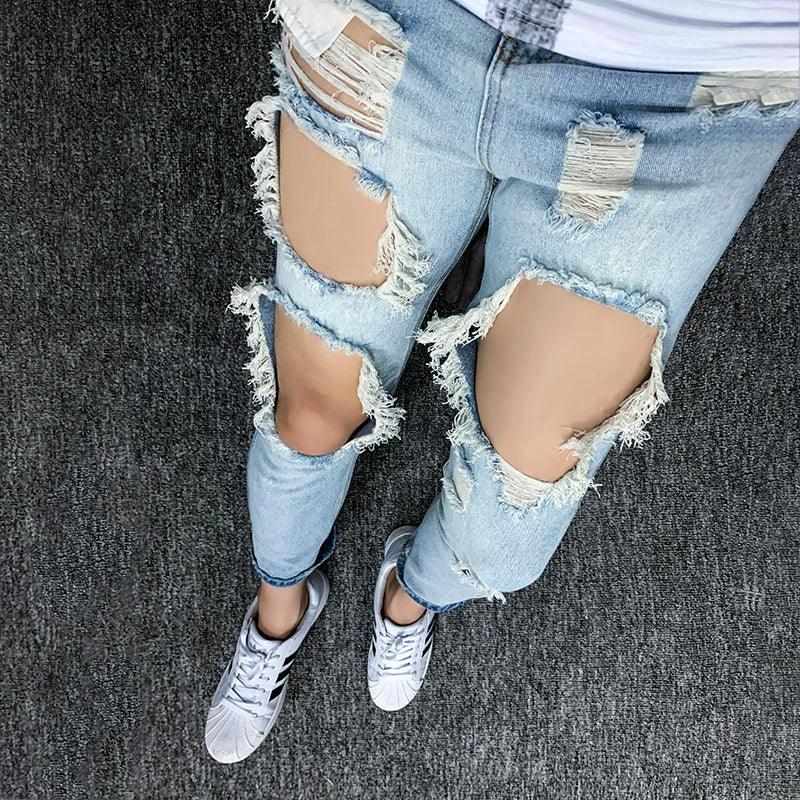 Summer Big Ripped Oversized Jeans Men's Cropped Jeans Men's Trendy K-style Beggar Scrape Cropped Ripped Pants