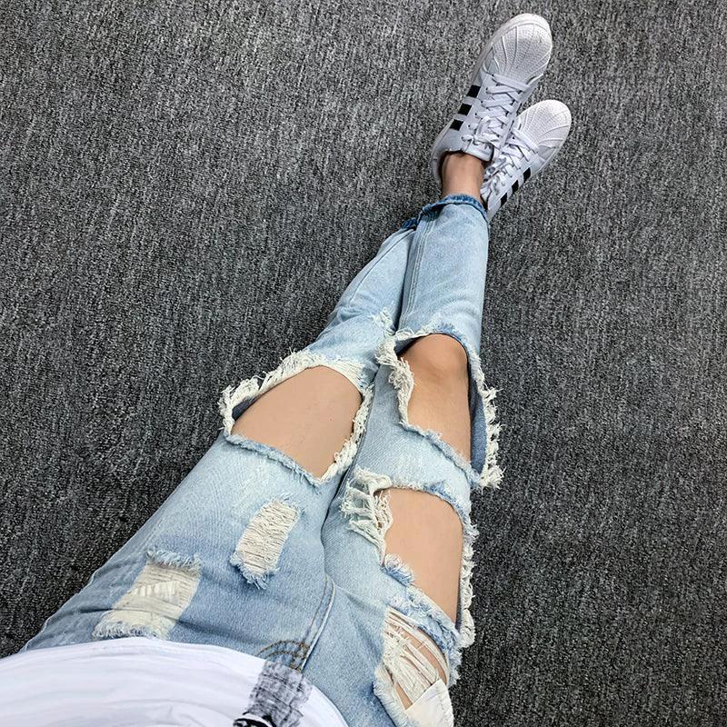 Summer Big Ripped Oversized Jeans Men's Cropped Jeans Men's Trendy K-style Beggar Scrape Cropped Ripped Pants