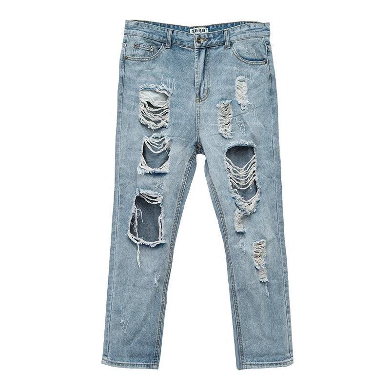 Summer Big Ripped Oversized Jeans Men's Cropped Jeans Men's Trendy K-style Beggar Scrape Cropped Ripped Pants