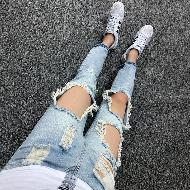 Summer Big Ripped Oversized Jeans Men's Cropped Jeans Men's Trendy K-style Beggar Scrape Cropped Ripped Pants