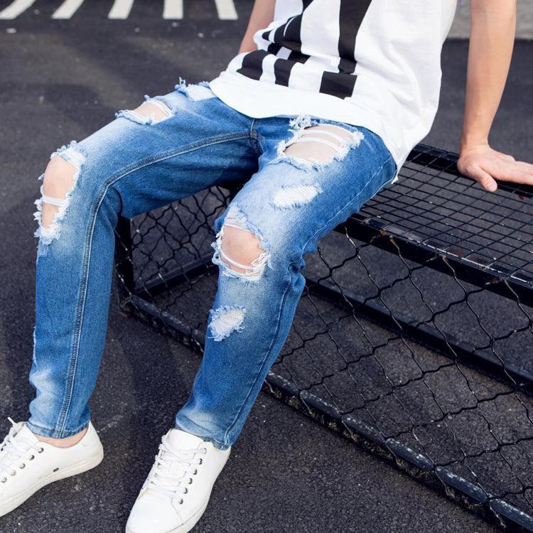 Summer Big Ripped Oversized Jeans Men's Cropped Jeans Men's Trendy K-style Beggar Scrape Cropped Ripped Pants
