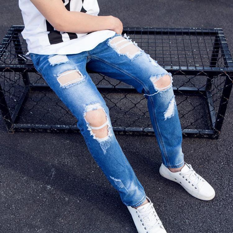 Summer Big Ripped Oversized Jeans Men's Cropped Jeans Men's Trendy K-style Beggar Scrape Cropped Ripped Pants