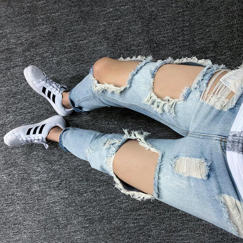 Summer Big Ripped Oversized Jeans Men's Cropped Jeans Men's Trendy K-style Beggar Scrape Cropped Ripped Pants