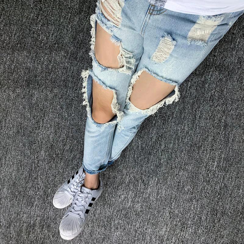 Summer Big Ripped Oversized Jeans Men's Cropped Jeans Men's Trendy K-style Beggar Scrape Cropped Ripped Pants