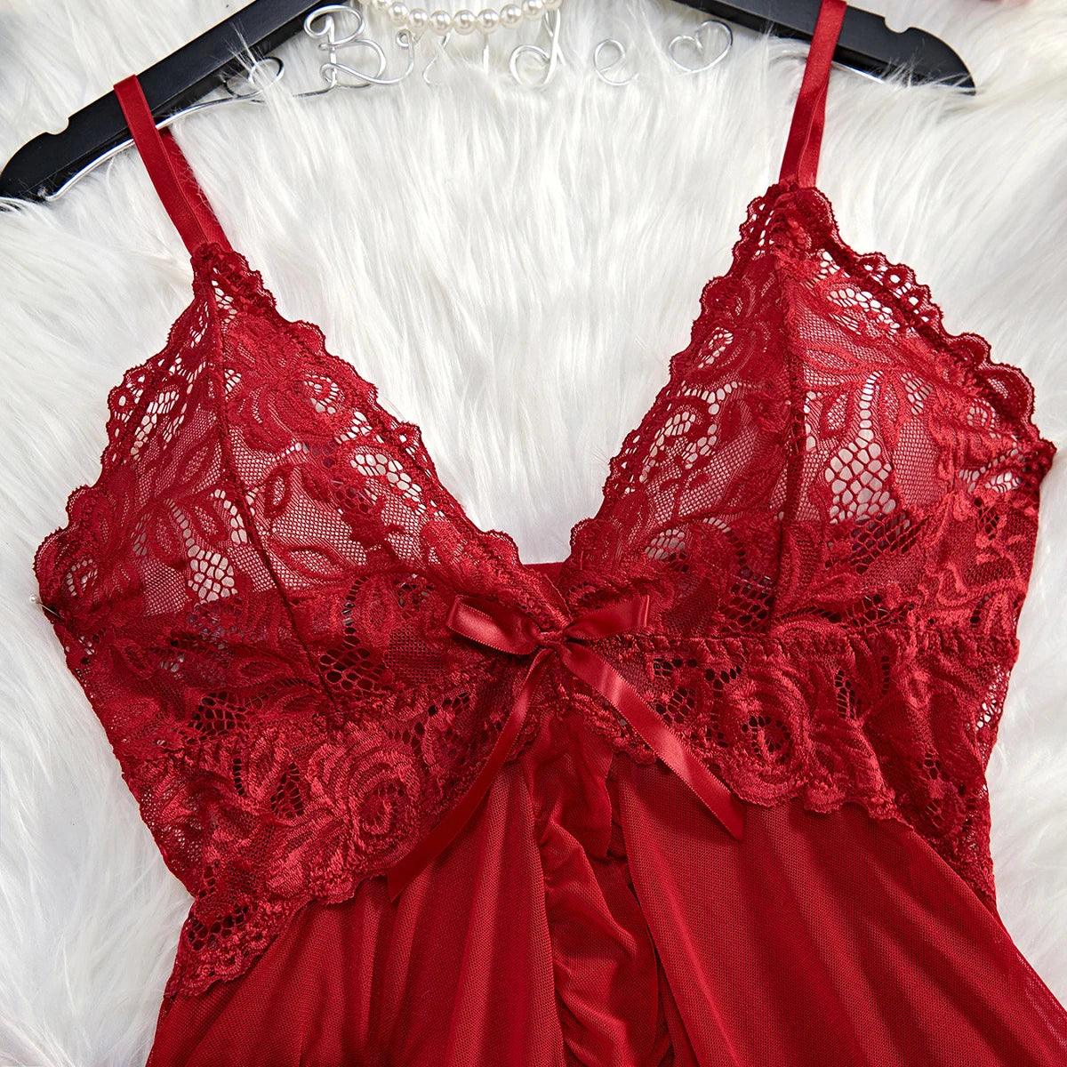 Seductive Lace Nightdress & Panty Set - Transparent Red Sleepwear for Confident Women