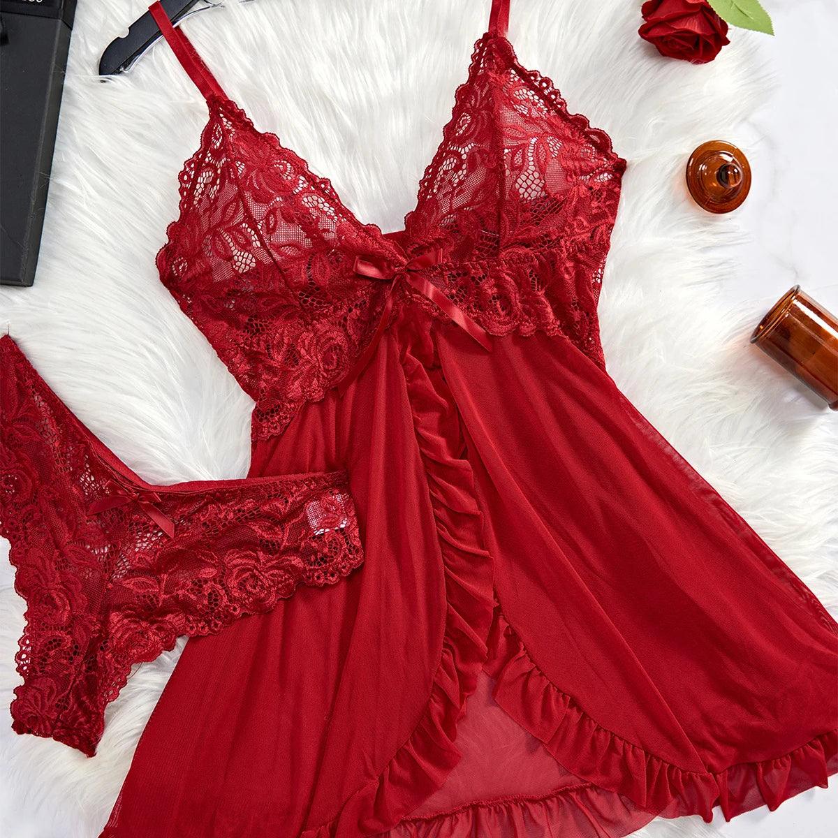 Seductive Lace Nightdress & Panty Set - Transparent Red Sleepwear for Confident Women