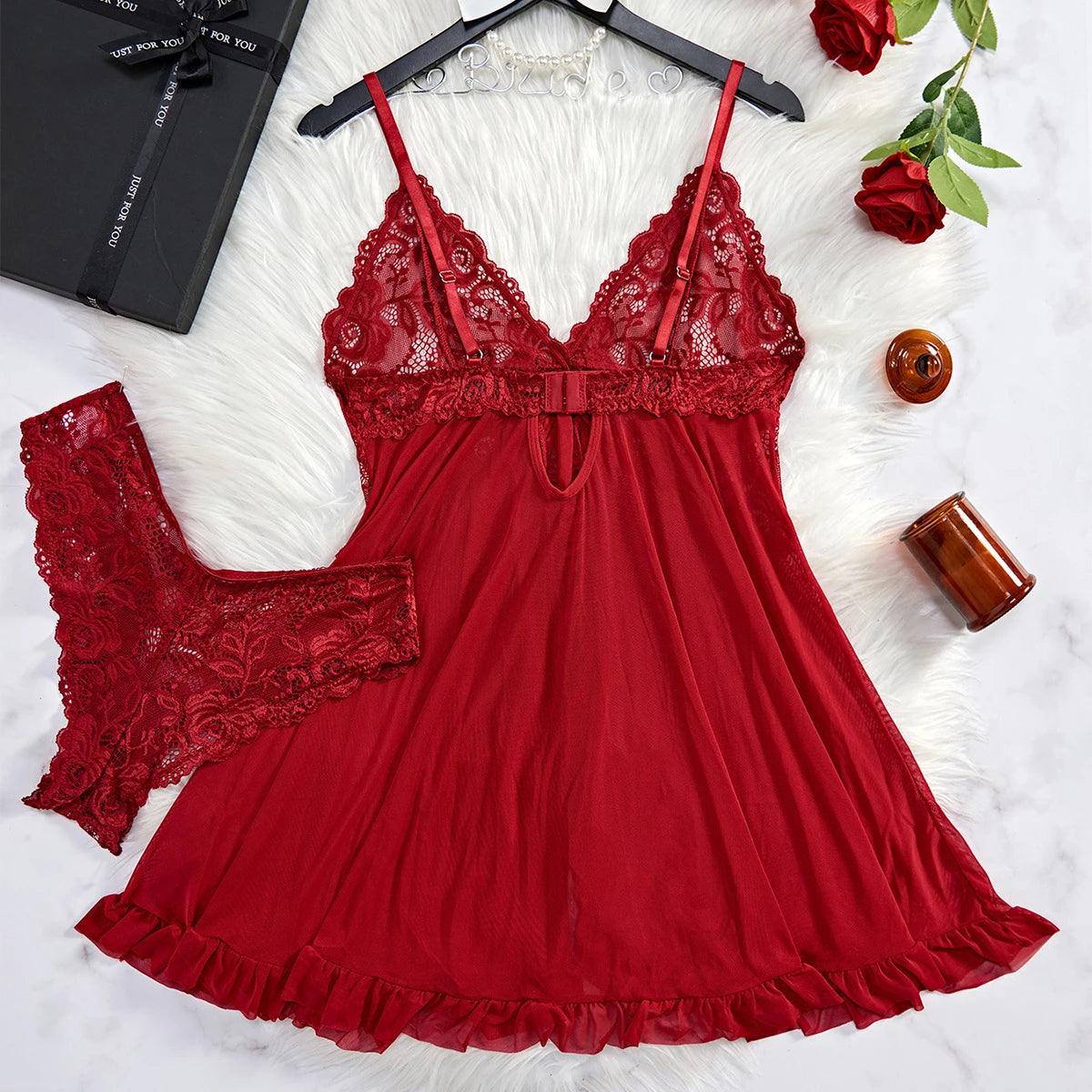 Seductive Lace Nightdress & Panty Set - Transparent Red Sleepwear for Confident Women