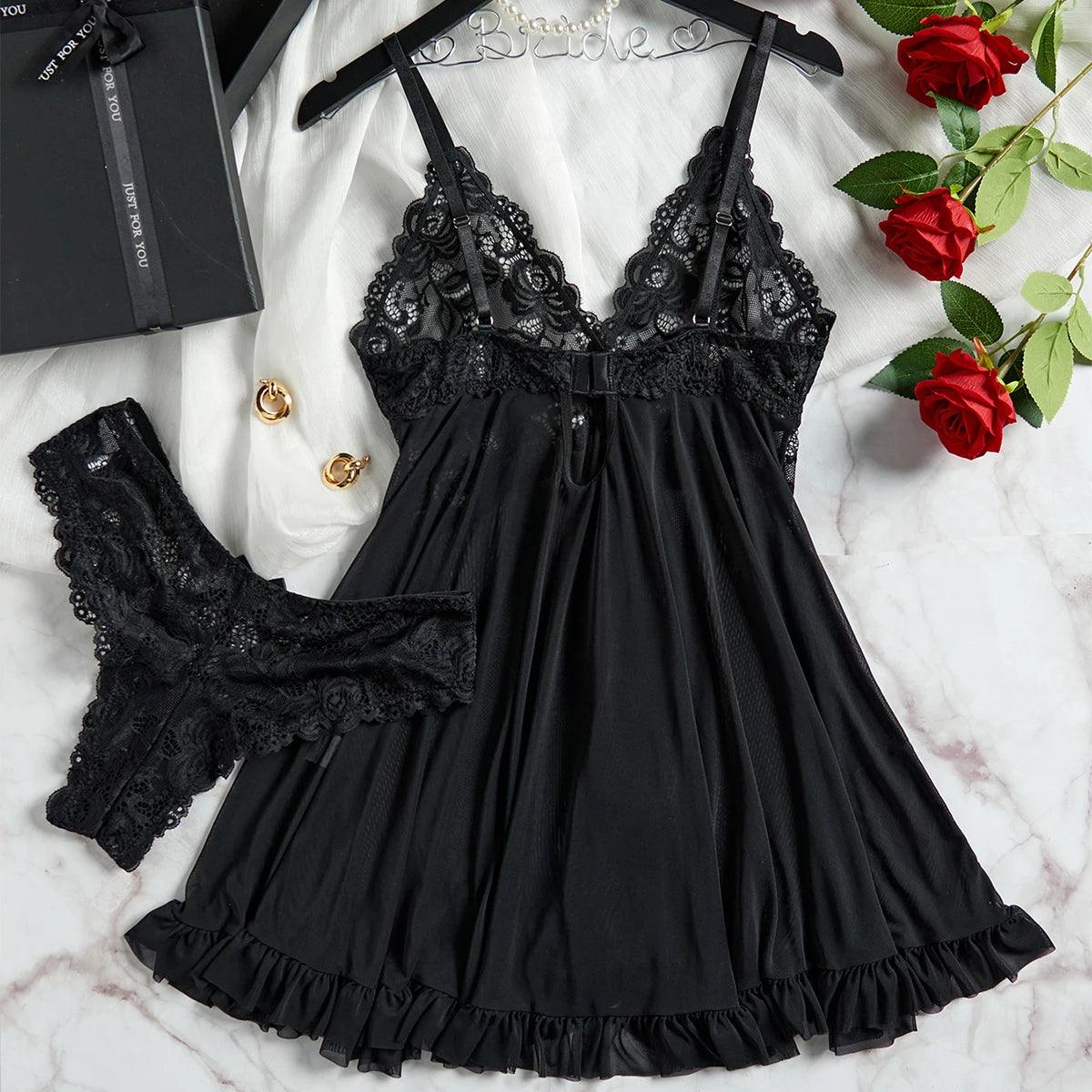 Seductive Lace Nightdress & Panty Set - Transparent Red Sleepwear for Confident Women