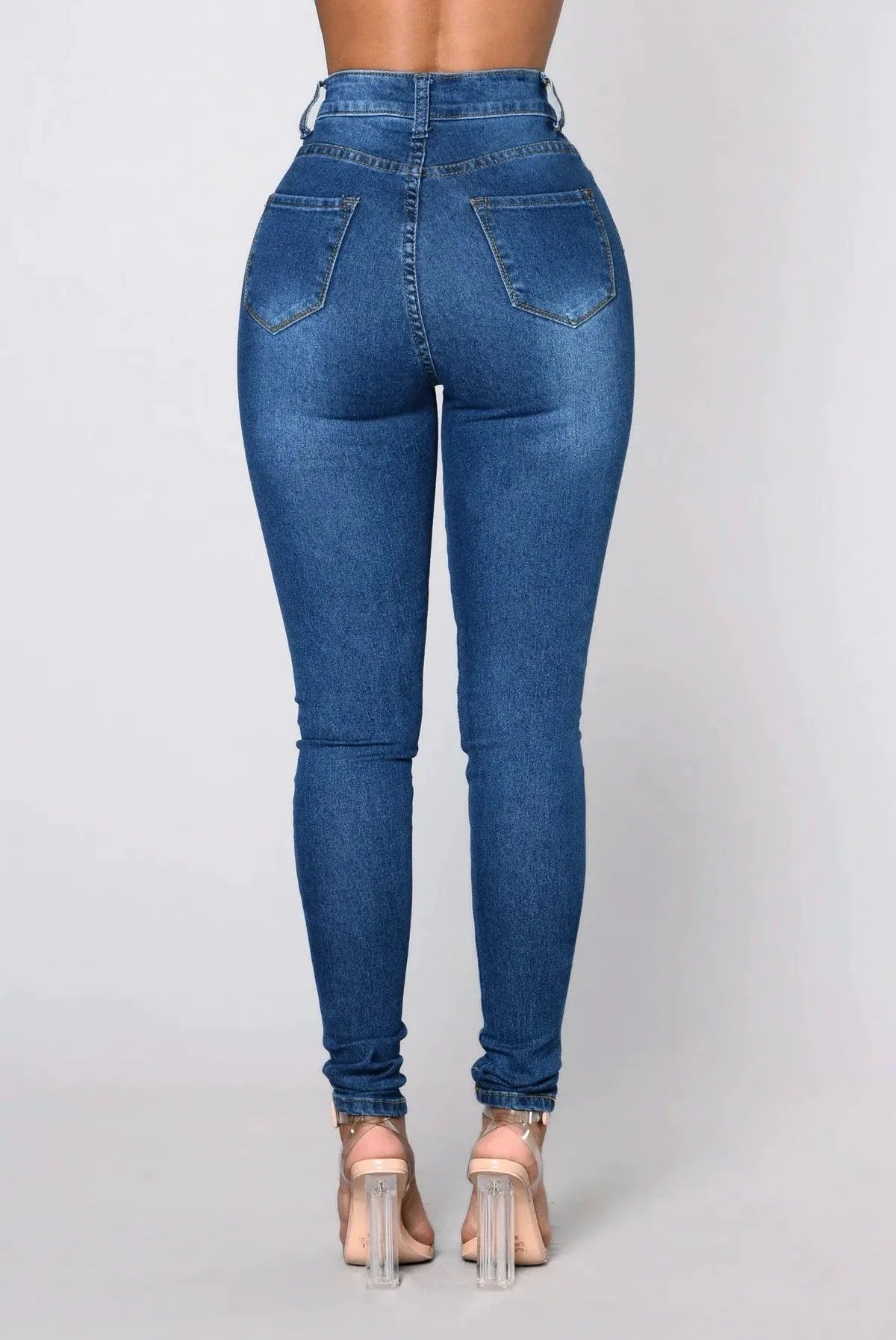 Women High Waist Stretch Hip Lift Denim Skinny Pants Jeans Full Length Sexy Slim Bleachded Solid Color Pants