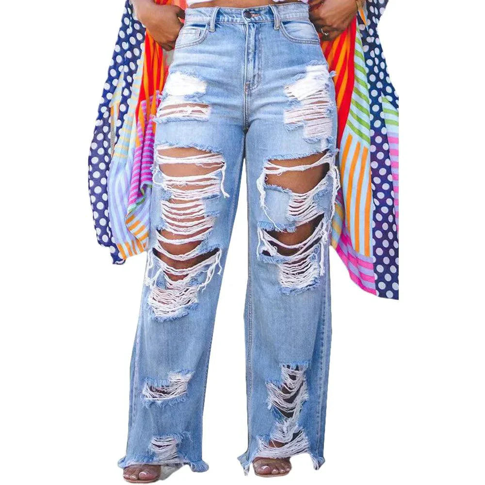 Burnt Flower High Waist Jeans - Trendy Women's Casual Denim Trousers for Spring/Summer 2025