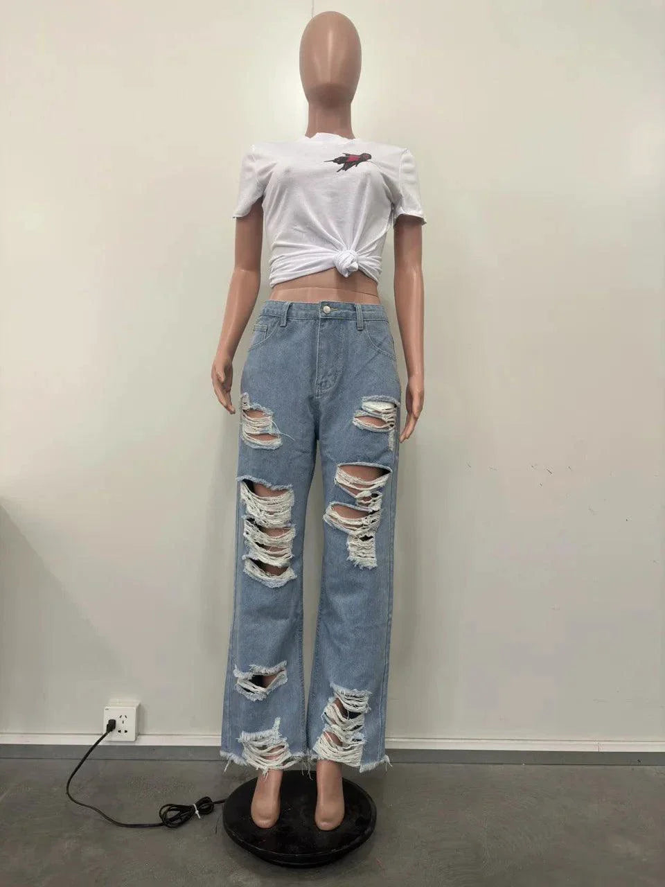 Burnt Flower High Waist Jeans - Trendy Women's Casual Denim Trousers for Spring/Summer 2025