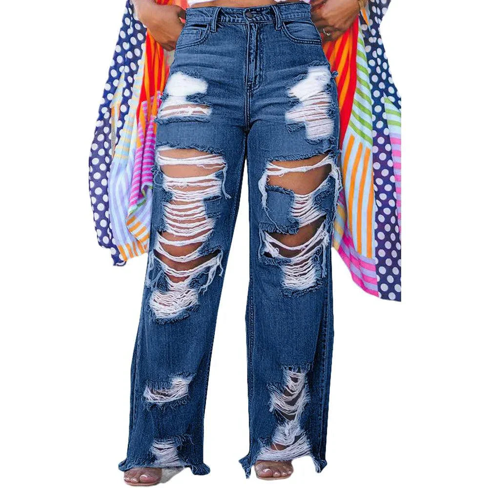 Burnt Flower High Waist Jeans - Trendy Women's Casual Denim Trousers for Spring/Summer 2025