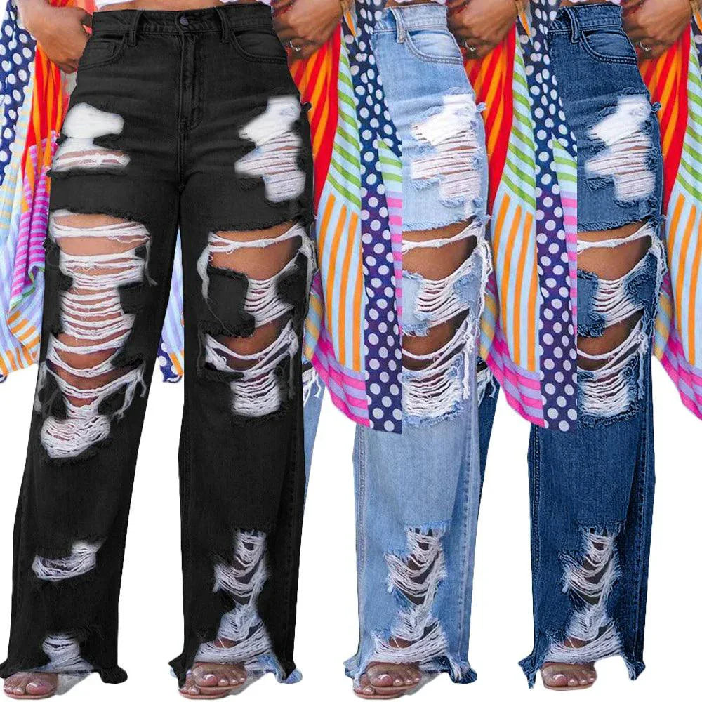 Burnt Flower High Waist Jeans - Trendy Women's Casual Denim Trousers for Spring/Summer 2025